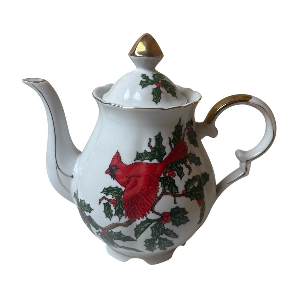 Vtg Lefton Christmas Red Cardinal Teapot 1655 Holly Gold Trim 8.5x7.5"